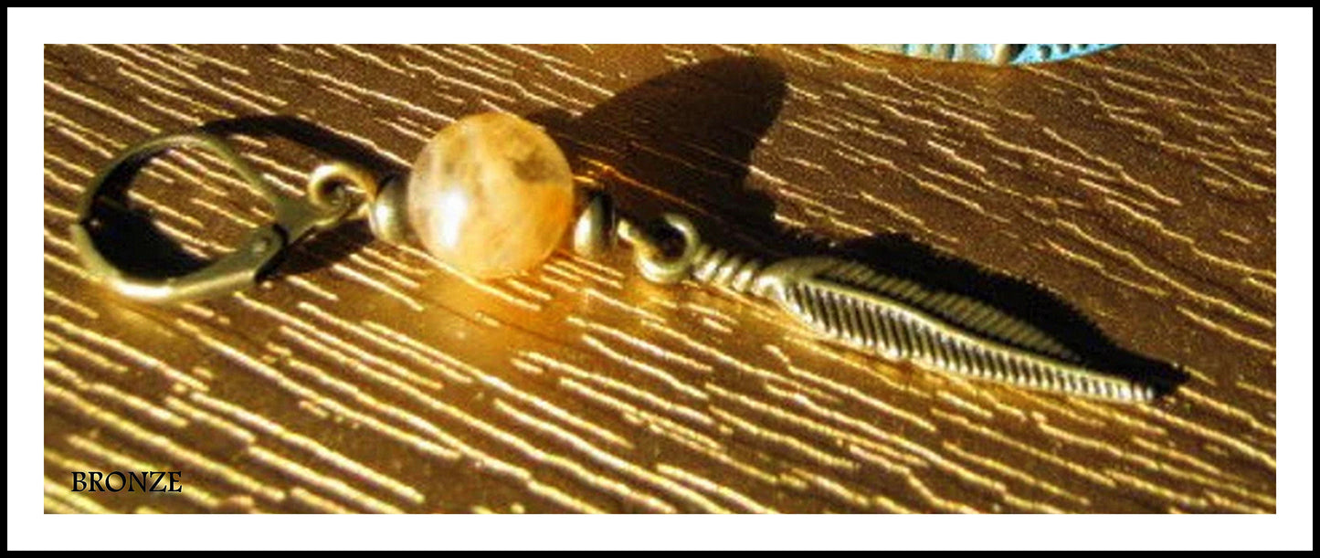 Men Earring Citrine stone-Full moon, Feather Dangle Hoop/ clip on bronze earring, Handmade earring women men gift