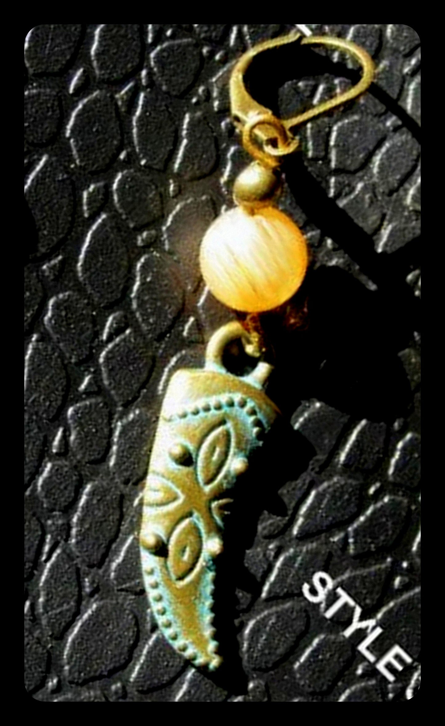 Men Earring Citrine stone-Full moon, Horn of abondance/ sword, Protection Dangle Hoop/ clip on bronze earring, Handmade earring women men gift