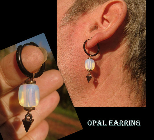 Men Earring OPAL stone & Hematite stone, Dangle Hoop/ clip on, stainless steel, Handmade earring men gift