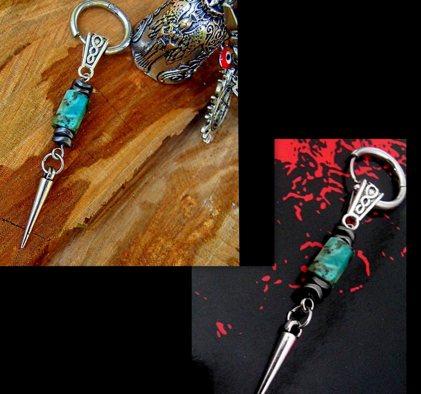 CAMELYS MAGIC 4 MEN - Men Earring African turquoise & Hematite stone black Spike Dangle Hoop/ clip on, Handmade earring men gift