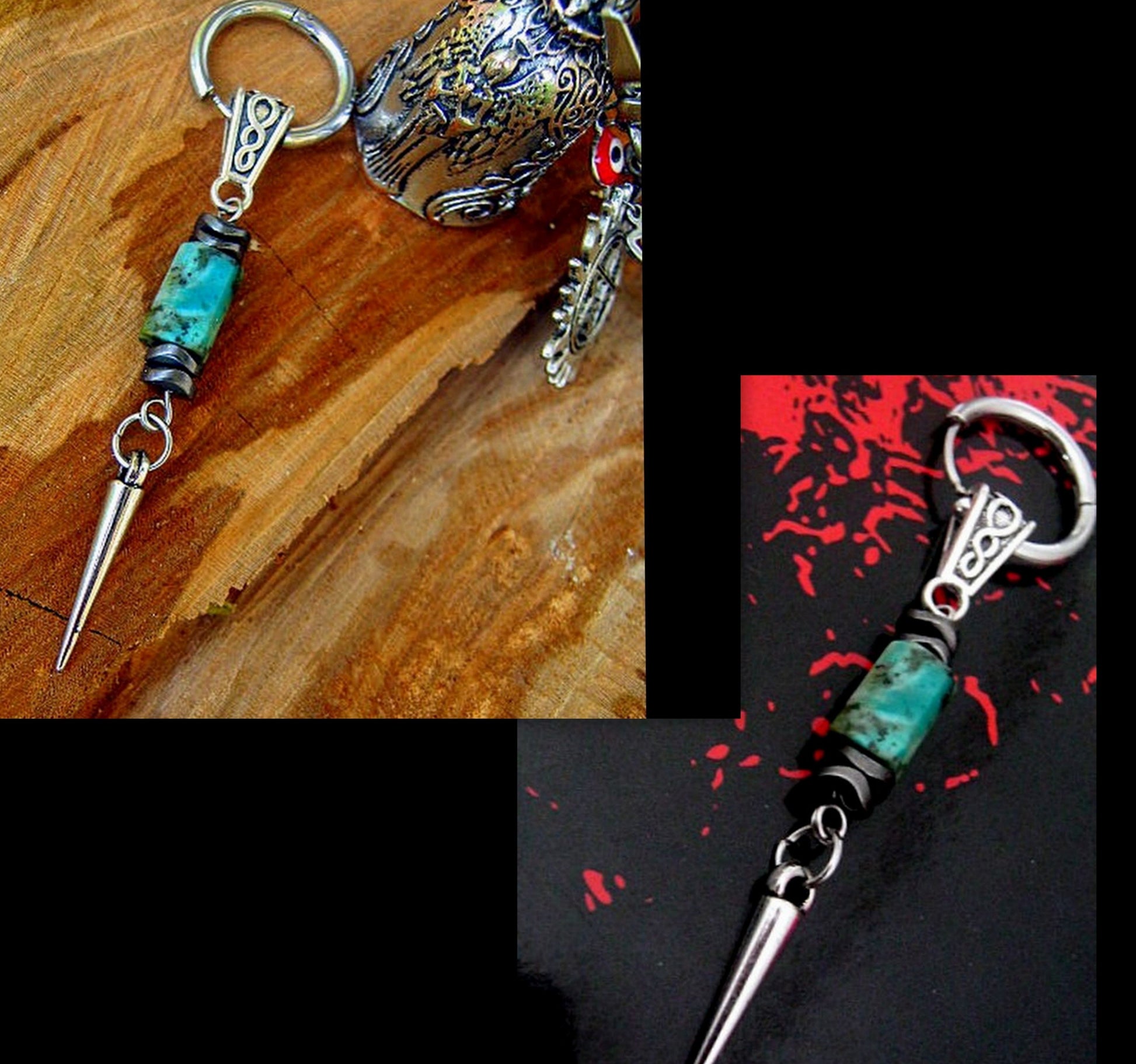 CAMELYS MAGIC 4 MEN - Men Earring African turquoise & Hematite stone black Spike Dangle Hoop/ clip on, Handmade earring men gift