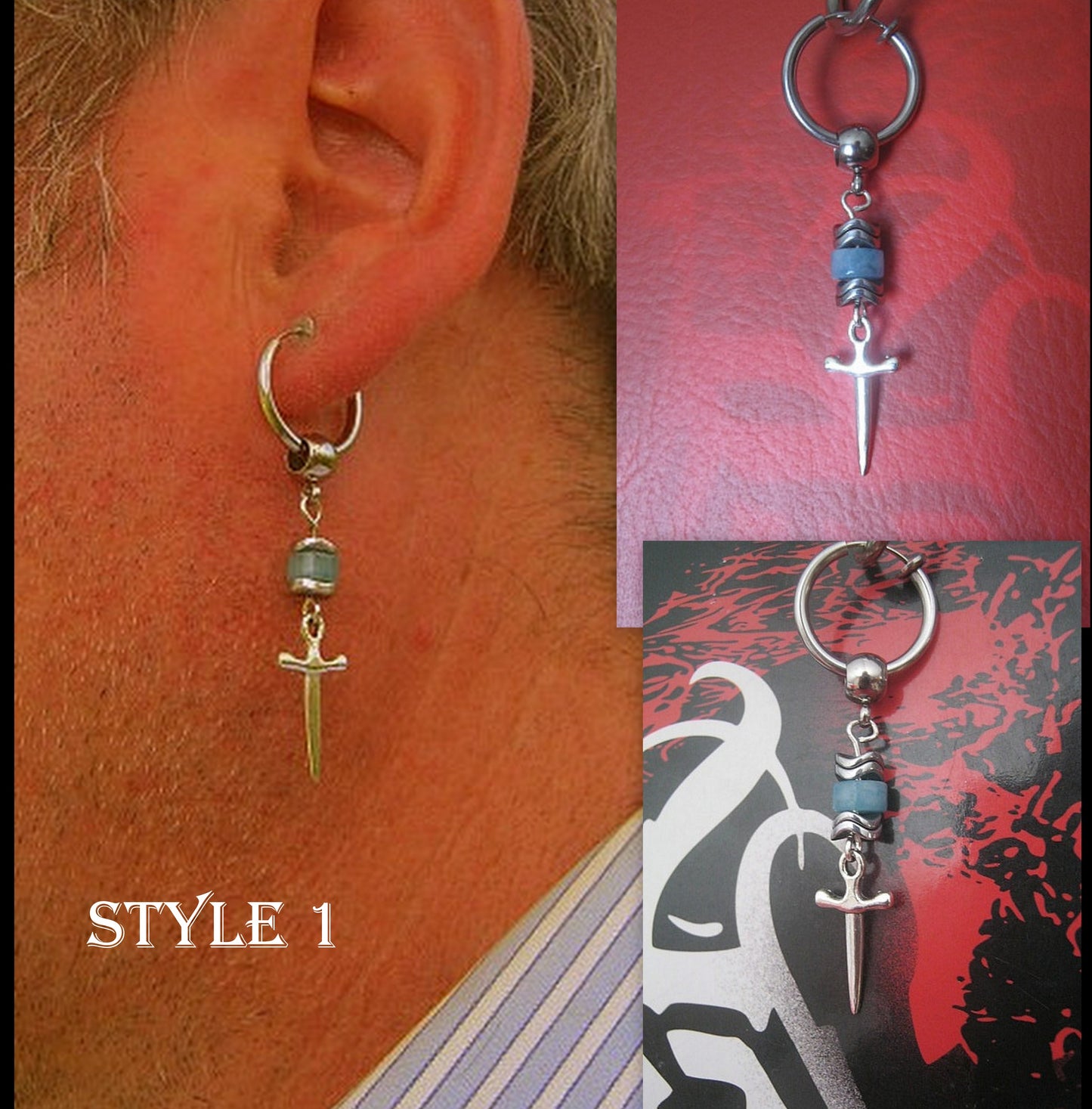 KYANITE stone & Hematite men Earring Hoop/ Clip on dangle unisex mono earring,Spike, Arrow, Sword, Handmade earring men gift