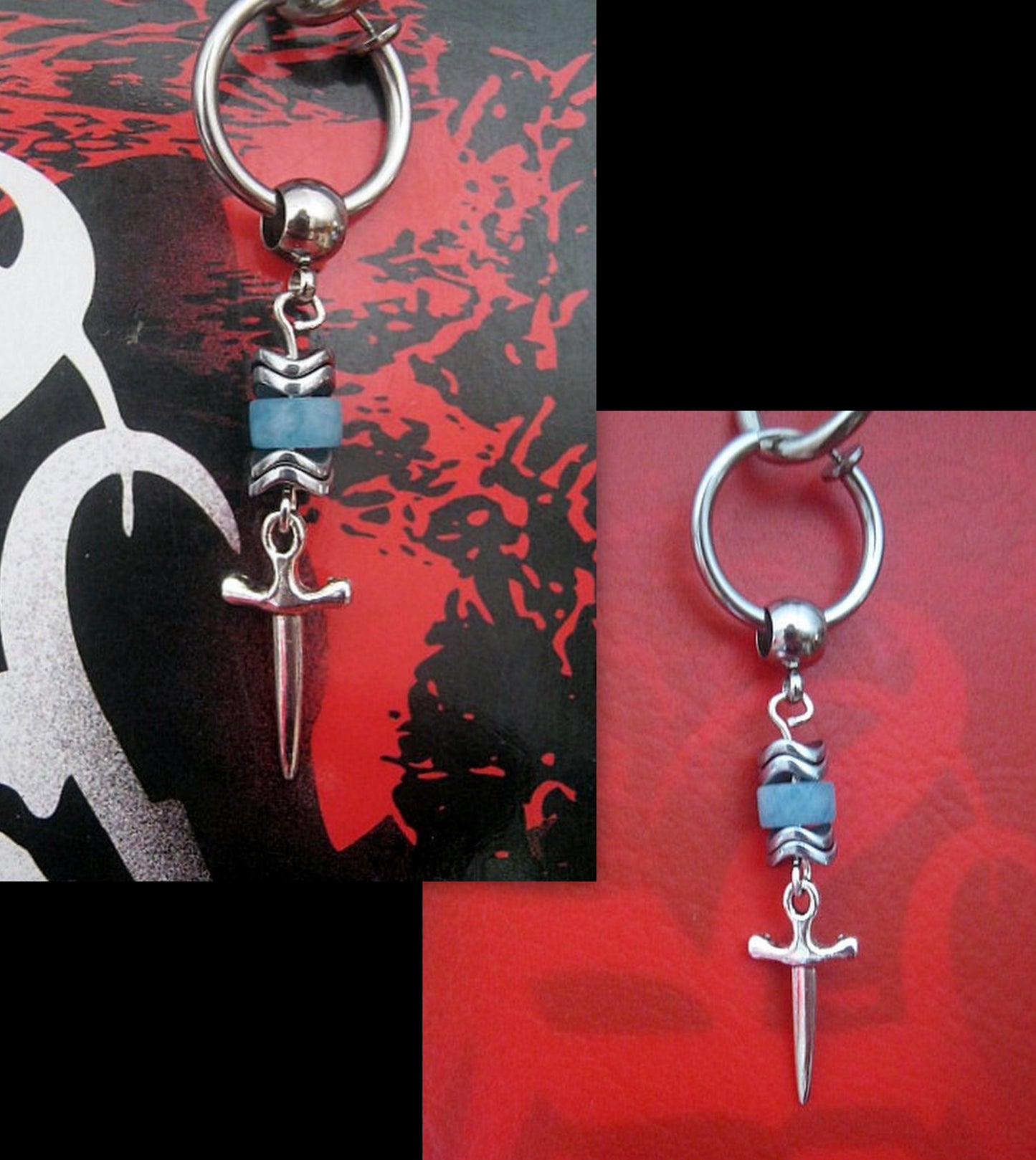 KYANITE stone & Hematite men Earring Hoop/ Clip on dangle unisex mono earring,Spike, Arrow, Sword, Handmade earring men gift