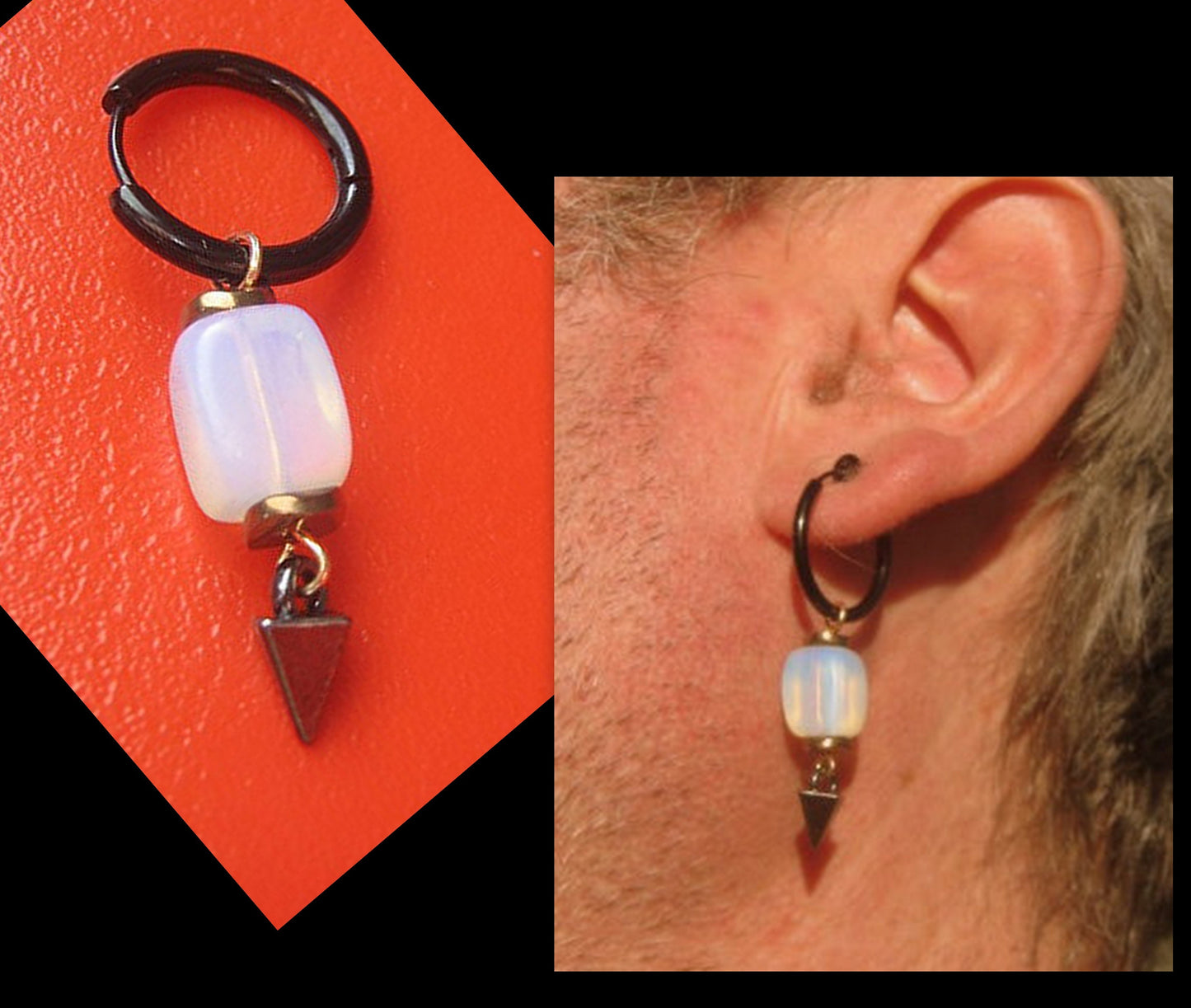 Men Earring OPAL stone & Hematite stone, Dangle Hoop/ clip on, stainless steel, Handmade earring men gift