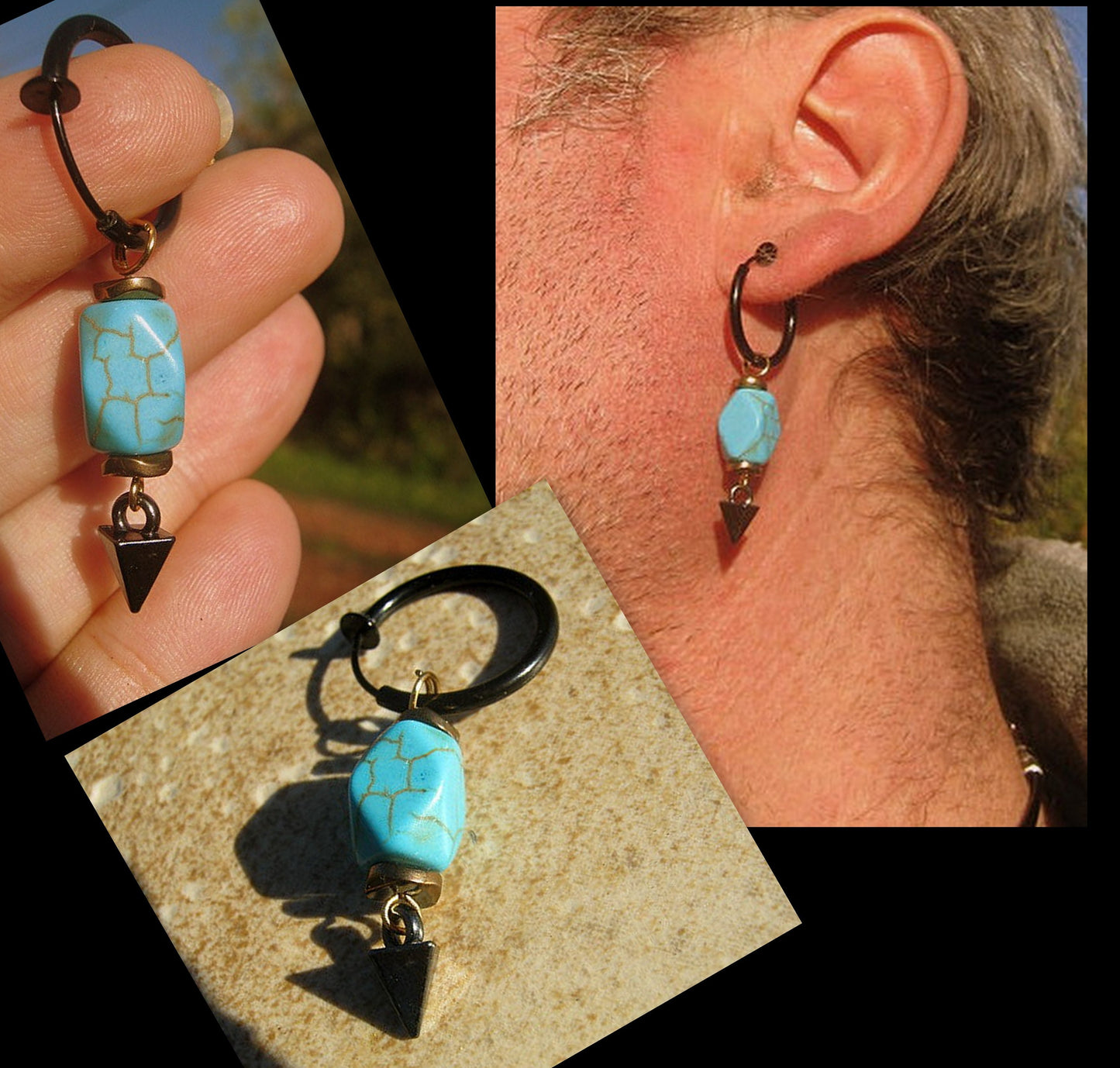Men Earring TURQUOISE stone & Hematite stone, Dangle Hoop/ clip on, stainless steel, Handmade earring men gift
