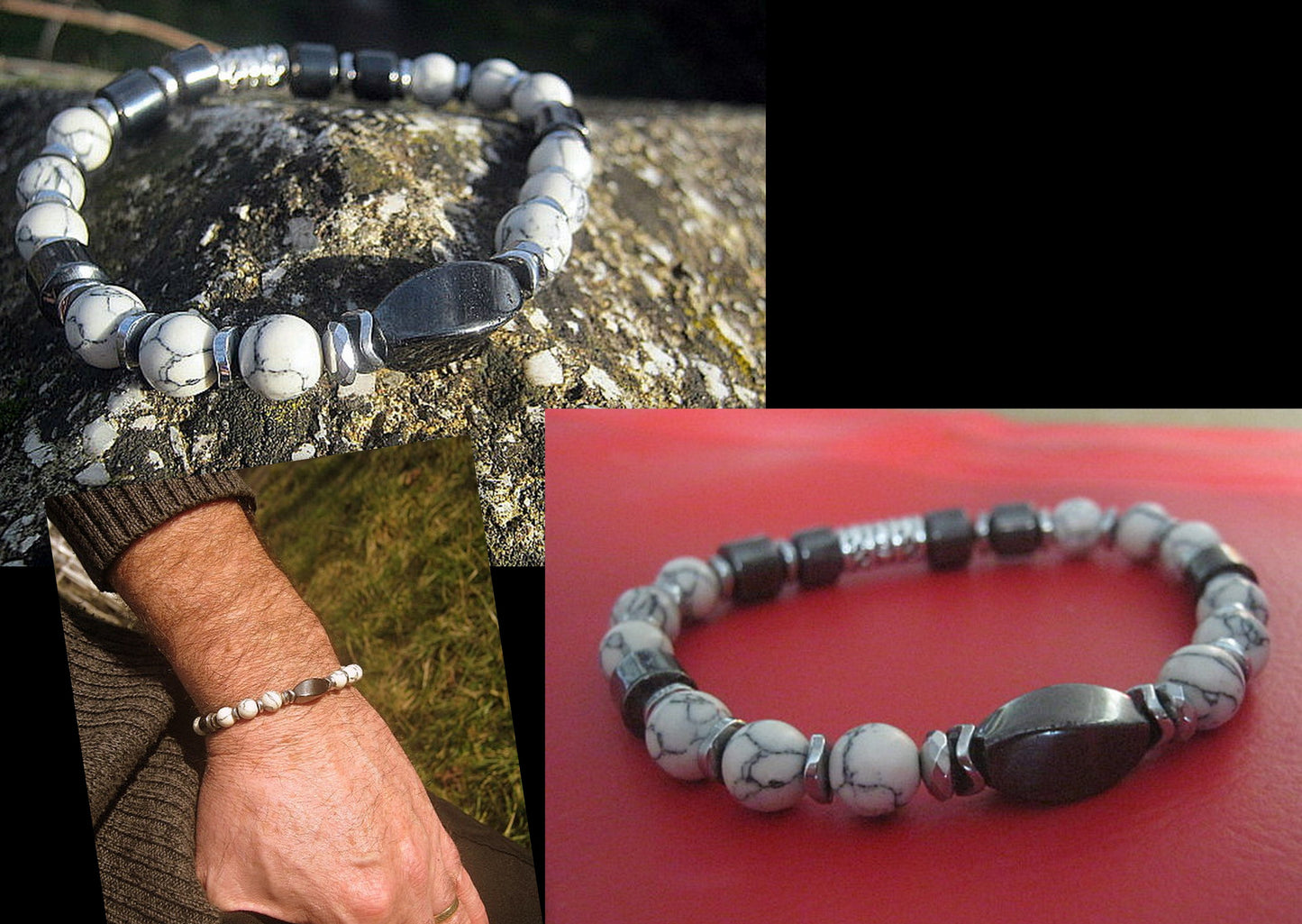 Men Bracelet HEMATITE, WHITE HOWLITE spiritual jewelry Mala Protection Bracelet Healing stone, handmade bracelet men gift