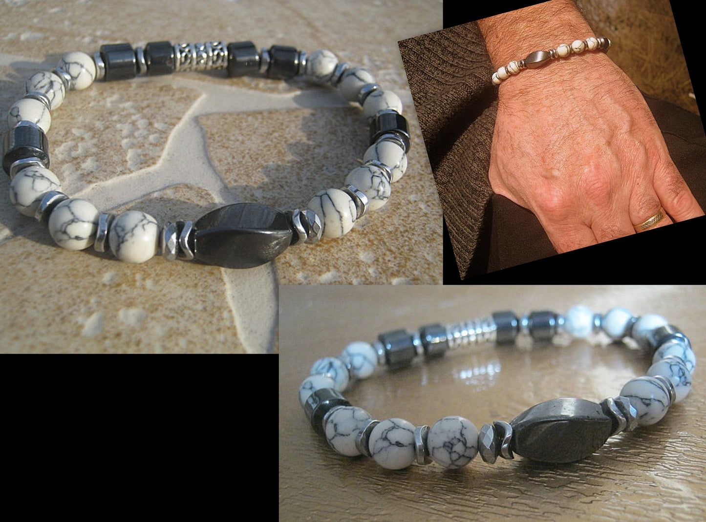 Men Bracelet HEMATITE, WHITE HOWLITE spiritual jewelry Mala Protection Bracelet Healing stone, handmade bracelet men gift