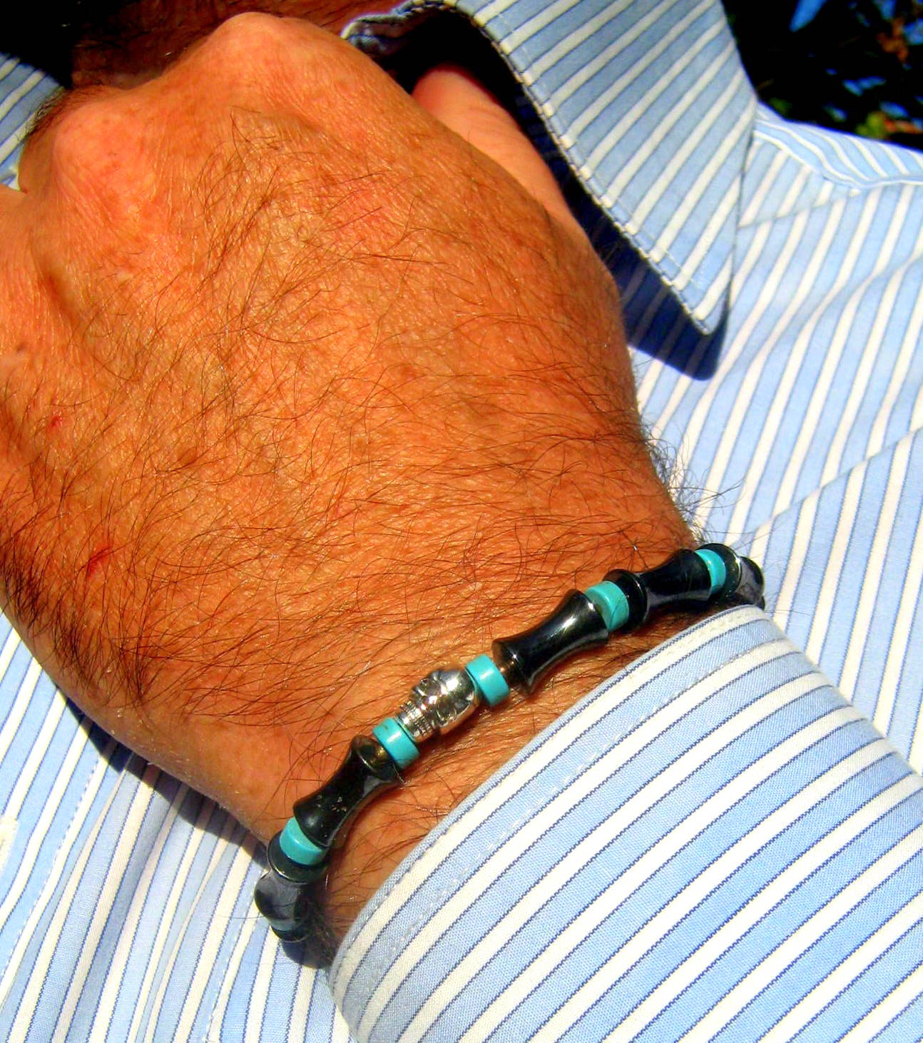 Men Black Hematite Onyx Turquoise stone Bracelet skull, Healing stone, handmade bracelet men gift