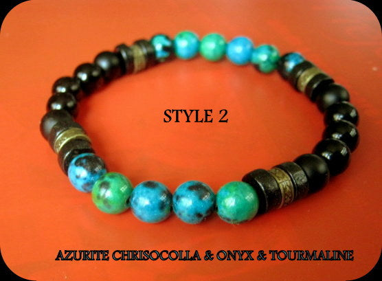 Men Turquoise CHRISOCOLLA stone Bracelet LAVA Tourmaline & Onyx coco wood beads Hematite Healing stone, Tribal handmade bracelet men gift