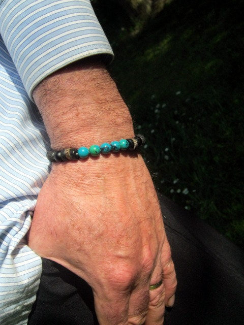 Men Turquoise CHRISOCOLLA stone Bracelet Onyx Tourmaline & LAVA coco wood beads Hematite Healing stone, Tribal handmade bracelet men gift