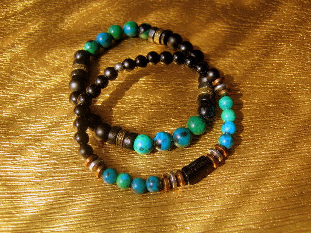 Men Turquoise CHRISOCOLLA stone Bracelet Tourmaline Onyx & LAVA coco wood beads Hematite Healing stone, Tribal handmade bracelet men gift