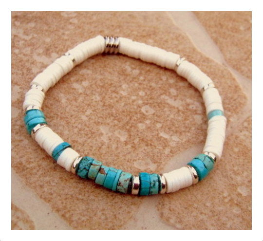 Men Turquoise Imperial Jasper, Bracelet white african style polymer heishi, silver hematite Healing stone, handmade bracelet men gift