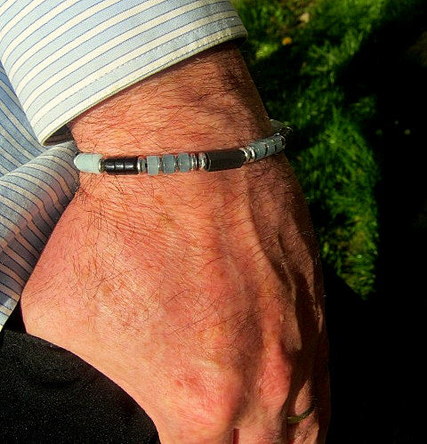 Men BRACELET AQUAMARINE & ANGELITE Tourmaline Hematite Onyx protection abundance stone handmade bracelet men gift