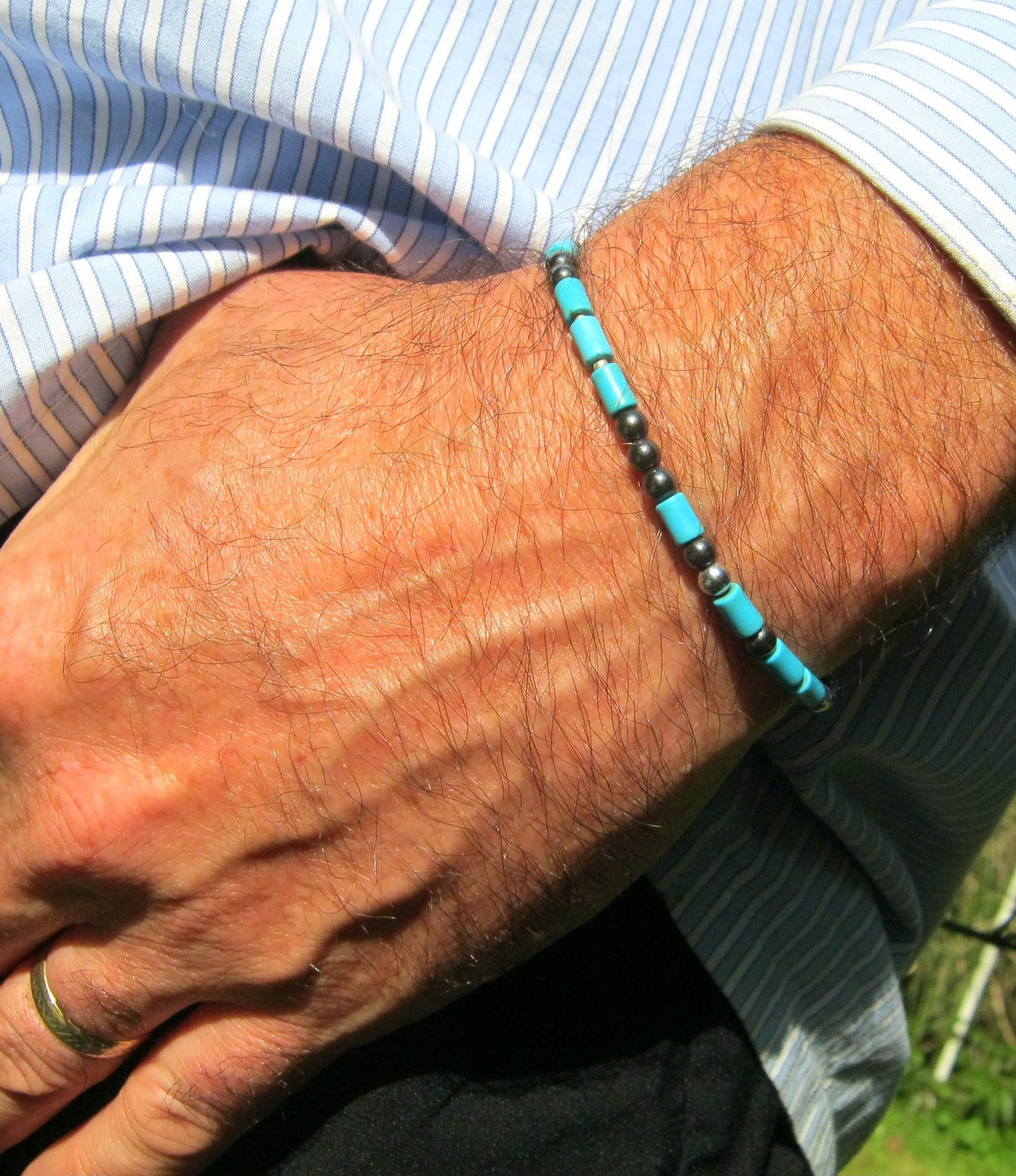 Custom CODE MORSE men/women Bracelet, Hematite & Turquoise, I love you Secret Message, Healing protection stone Men handmade slim bracelet Men gift