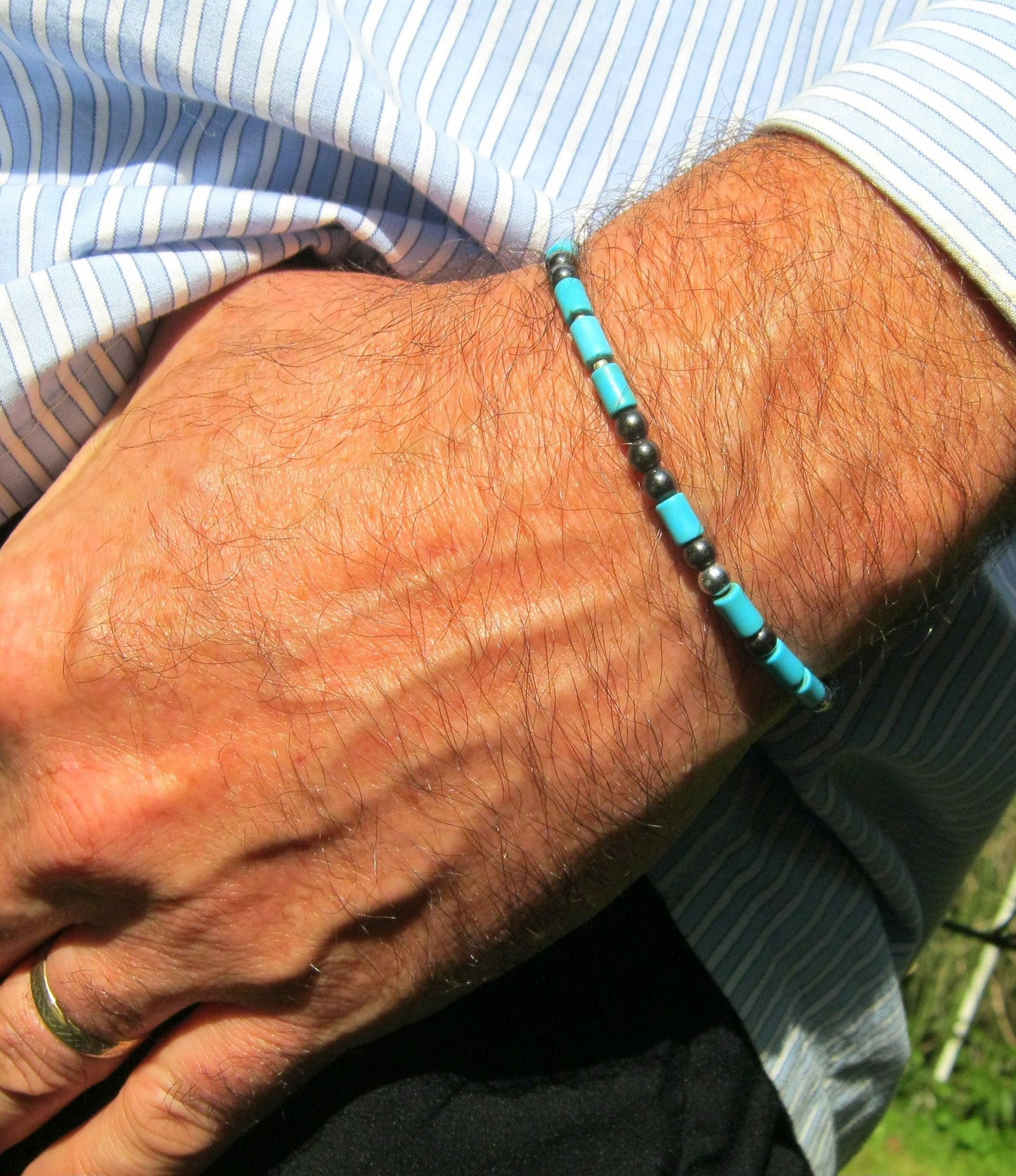 Custom CODE MORSE men/women Bracelet, Hematite & Turquoise, I love you Secret Message, Healing protection stone Men handmade slim bracelet Men gift