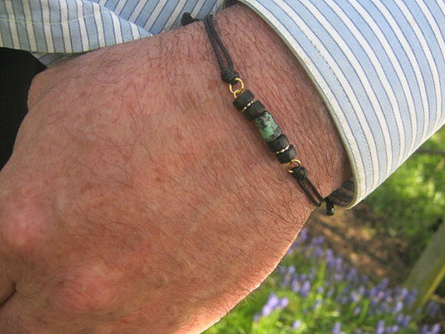 Green African TURQUOISE Coco wood men bracelet Cord slice knot slim set surfer bracelet, protection stone Men/ couple gift,Handmade bracelet
