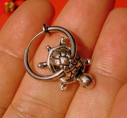 Men TURTLE Earring Hoop or Clip on non piercing earring, Dangle Handmade earring women men gift