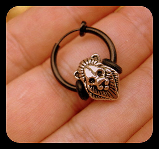 Men LION Earring Hoop or Clip on non piercing earring, Dangle Handmade earring women men gift