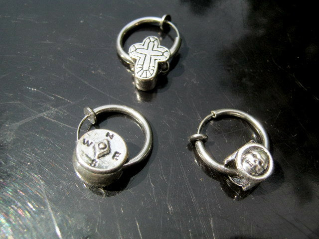 Men COMPASS Earring Hoop or Clip on non piercing earring, black chain, Dangle Handmade earring women men gift