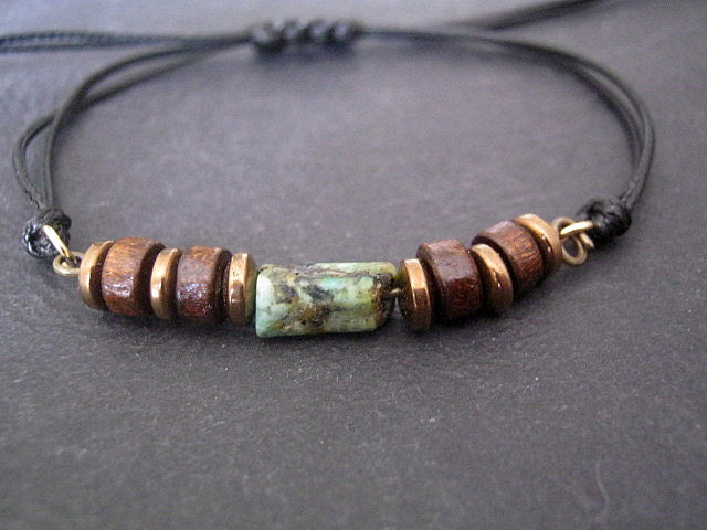 Green African TURQUOISE brown Coco wood Hematite heishi men bracelet Cord slice knot slim set surfer bracelet, protection stone Men/ couple gift,Handmade bracelet