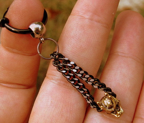 Men gold DRAGON Earring Hoop or Clip on non piercing earring, black chain, Dangle Handmade earring women men gift