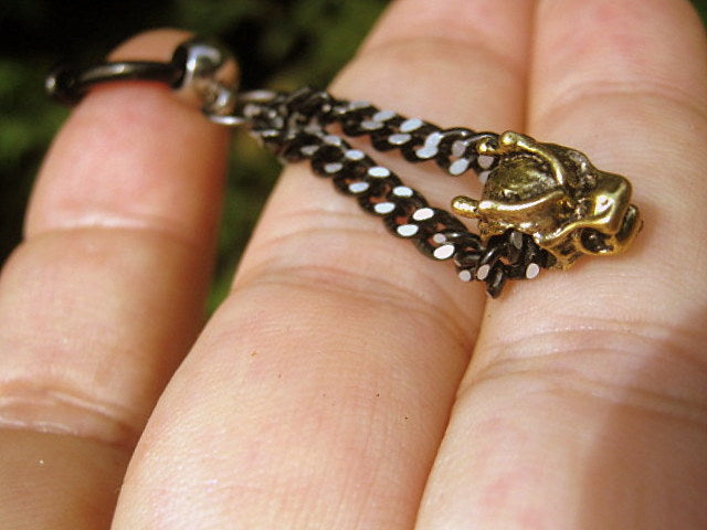Men gold DRAGON Earring Hoop or Clip on non piercing earring, black chain, Dangle Handmade earring women men gift