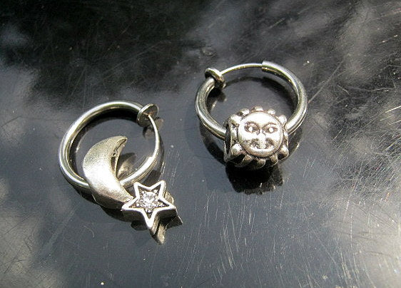 Men SUN & MOON Earring Hoop or Clip on non piercing earring, Dangle Handmade earring women WHICH men gift