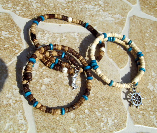 Men TURQUOISE Coconut Wood heishi Bracelet & Anklet. Surfer Beach Bracelets. Foot band boho bracelets, handmade bracelet men gift