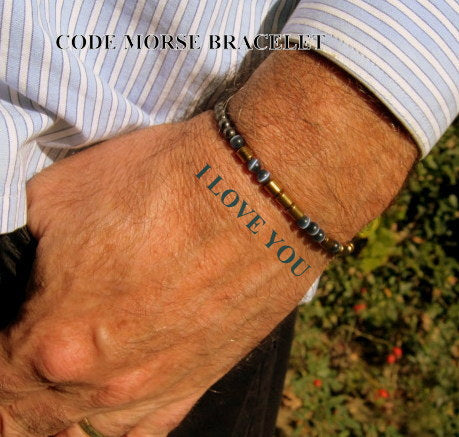 Custom MORSE CODE men/women Hematite Cat Eye Opal stone Bracelet, I love you Secret Message, Healing protection gemstone Men handmade slim bracelet Men gift
