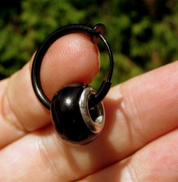 Men Earring donut GEMSTONE, Dangle Hoop/ clip on black, Handmade earring men women gift