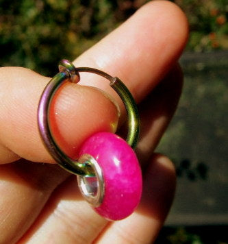 Men Earring donut GEMSTONE, Dangle Hoop/ clip on black, Handmade earring men women gift