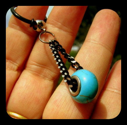Men Earring TURQUOISE, donut, Dangle Hoop/ clip on black, Handmade earring men women gift