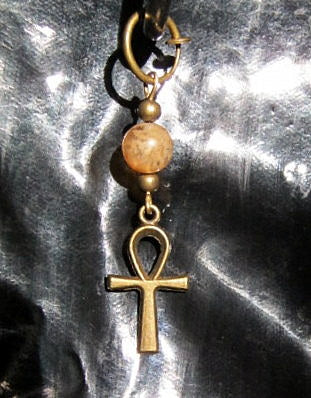 Men Earring Citrine stone-Full moon, ANKH cross Protection Dangle Hoop/ clip on bronze earring, Handmade earring women men gift