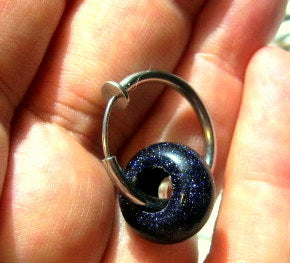 Men Earring donut GEMSTONE, Dangle Hoop/ clip on black, Handmade earring men women gift