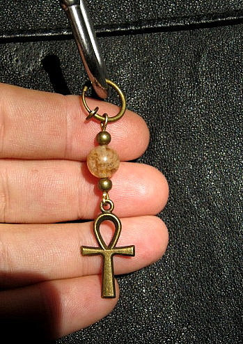 Men Earring Citrine stone-Full moon, ANKH cross Protection Dangle Hoop/ clip on bronze earring, Handmade earring women men gift