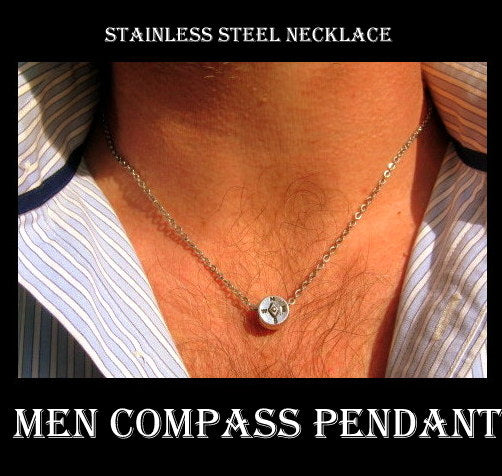 Men COMPASS Earring Hoop or Clip on non piercing earring, black chain, Dangle Handmade earring women men gift