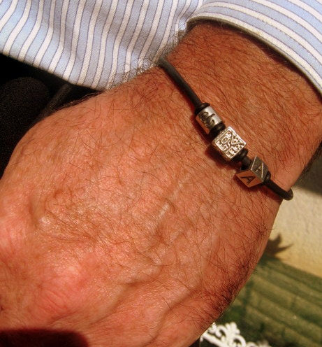 Men silver charm LOVE custom cord /Leather Bracelet, Stack slim protection Handmade bracelet men gift