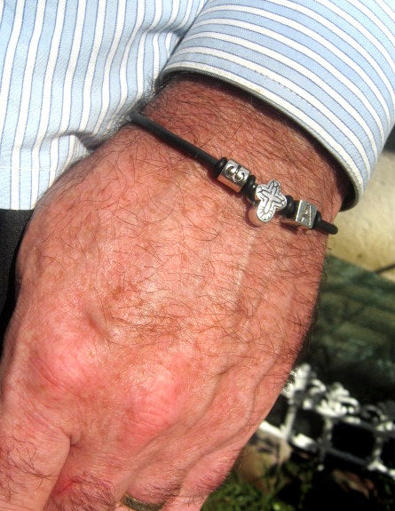 Men silver CROSS custom cord /Leather Bracelet, Stack slim protection Handmade bracelet men gift