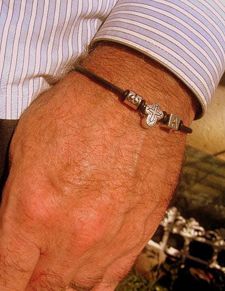 Men silver CROSS custom Leather Bracelet, Stack slim protection Handmade bracelet men gift