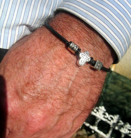 Men silver CROSS custom cord /Leather Bracelet, Stack slim protection Handmade bracelet men gift