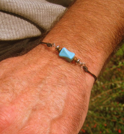 Men TURQUOISE stone bracelet thin Cord slice knot Bracelet, Healing crystal, Stack slim set surfer Handmade bracelet men gift