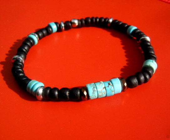 Men African TURQUOISE Bracelet white african style polymer heishi, silver hematite Healing stone, handmade bracelet men gift