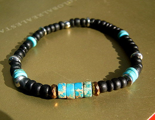 CAMELYS MAGIC 4 MEN - Men Bracelet blue Turquoise Imperial Jasper black Coco wood Hematite heishi Healing stone, handmade bracelet men gift