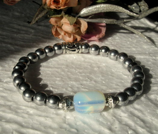 OPAL stone black Hematite Bracelet Moonstone, Healing stone, Handmade bracelet men women couple gift