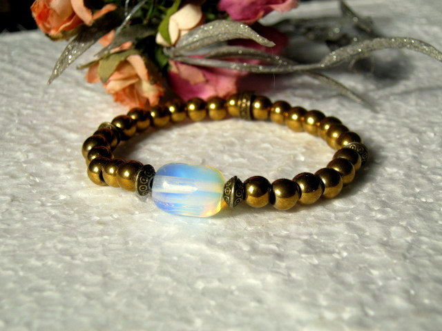 OPAL stone silver Hematite Bracelet Moonstone, Healing stone, Handmade bracelet men women couple gift