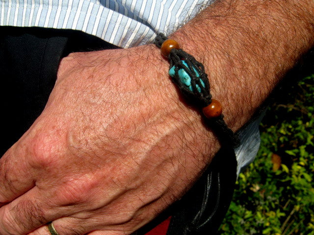 Men TURQUOISE, Obsidian raw stone, Sandalwood Hematite bracelet thin Cord slice knot Bracelet, Healing crystal, Stack slim set surfer Handmade bracelet men gift