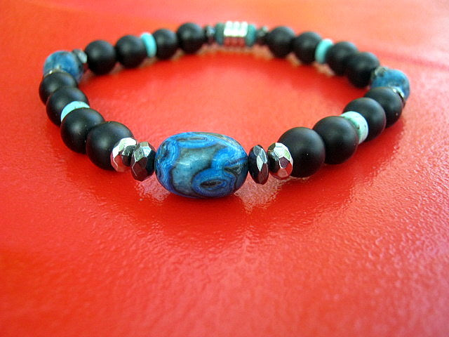 Men stone Bracelet Crazy lace Agate,Turquoise Azurite Chrisocolla Black Onyx, Hematite Healing stone, handmade bracelet men gift