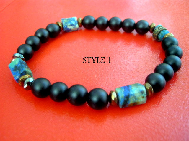 Men stone Bracelet Crazy lace Agate,Turquoise Azurite Chrisocolla Black Onyx, Hematite Healing stone, handmade bracelet men gift