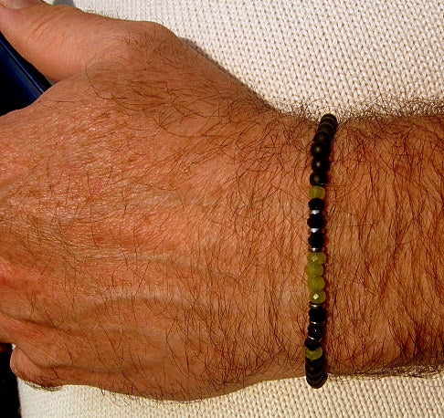 Men tiny EMERALD Onyx Tourmaline Spinel Black Diamond Peridot bracelet, protection precious stone handmade slim bracelet men gift