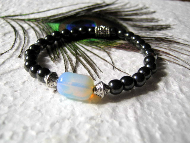 OPAL stone silver Hematite Bracelet Moonstone, Healing stone, Handmade bracelet men women couple gift